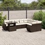 Braune 10-tlg. vidaXL Garten-Sofagarnitur aus Poly Rattan mit cremefarbenen Kissen.