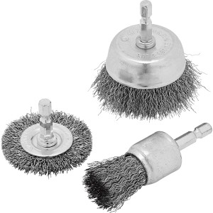 LUX Stahlbürsten-Set, 3-teilig: Scheiben-, Pinselkopf- und Topfbürste für Bohrmaschinen.