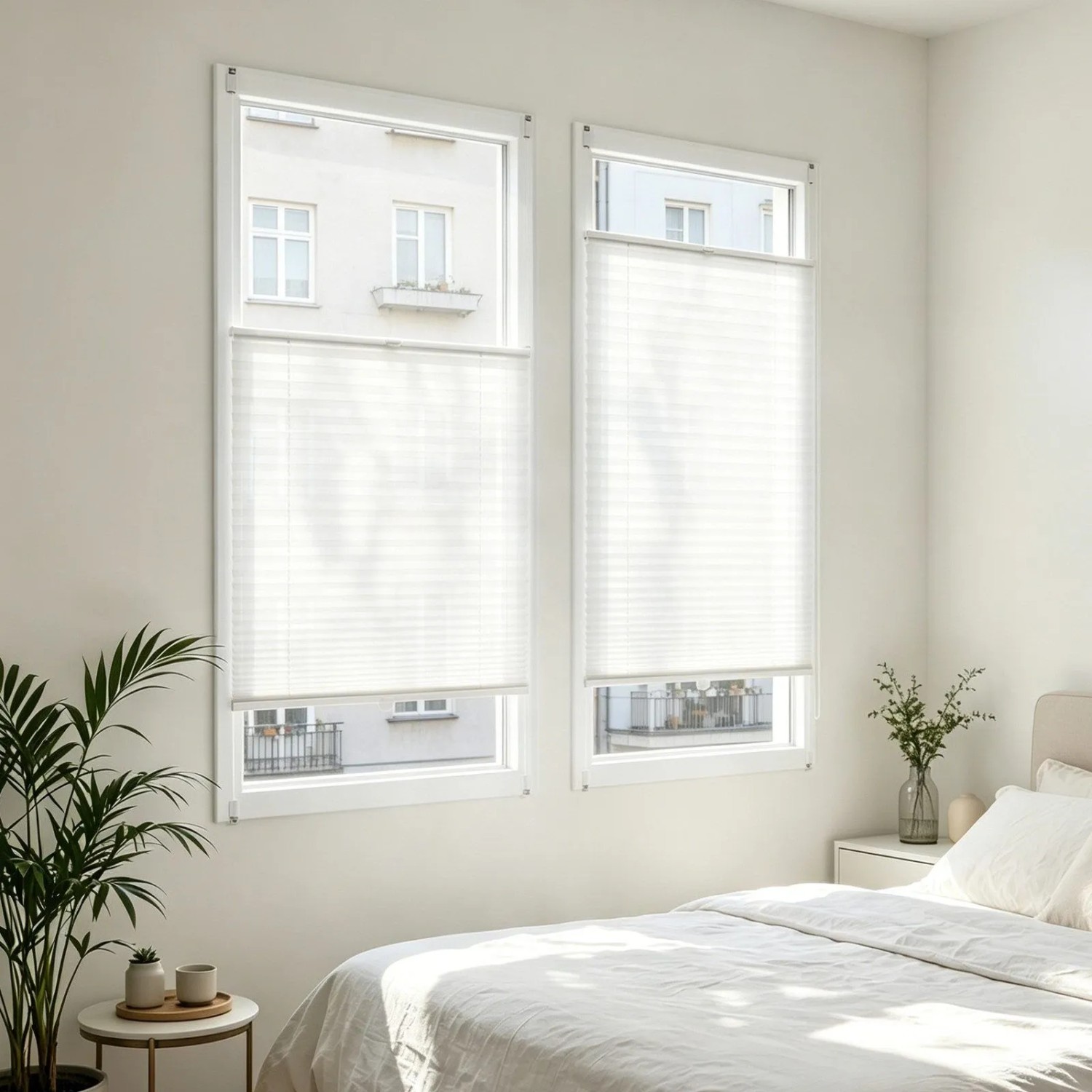 Weißes Klemmfix Plissee Faltrollo am Fenster im Schlafzimmer. Blickdichter Sonnenschutz ohne Bohren, flexibel verstellbar.