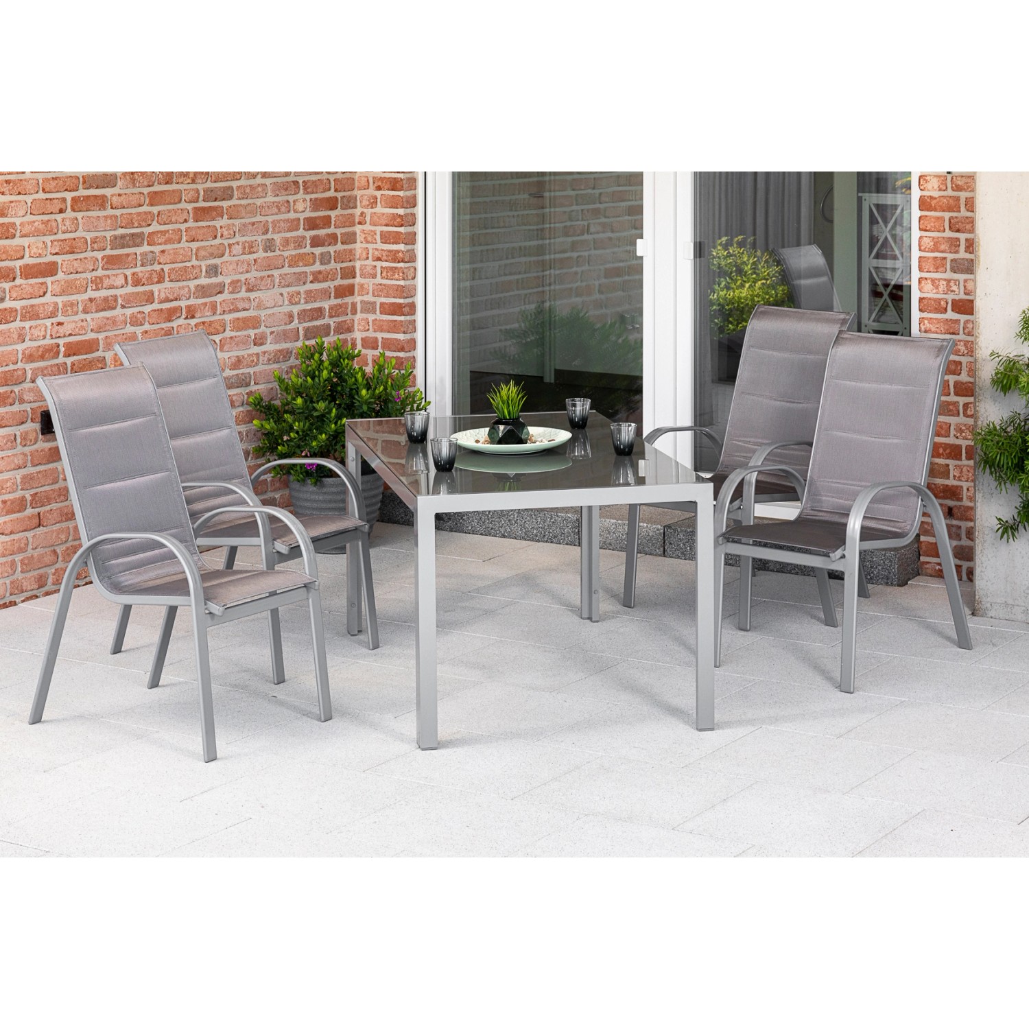 Merxx Amalfi di Lusso Set 5-tlg. 4 Stapelsessel Gartentisch 150x90 cm Silbe günstig online kaufen