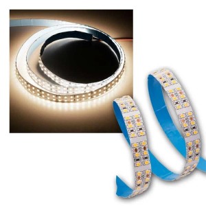 McShine LED-Stripe 5m, neutralweiß, aufgerollt mit leuchtenden LEDs und blauer Klebefläche für Innenräume.