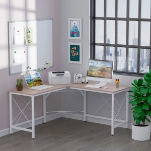 HOMCOM L-förmiger Computertisch Eckschreibtisch mit heller Holzplatte und weißem Gestell.