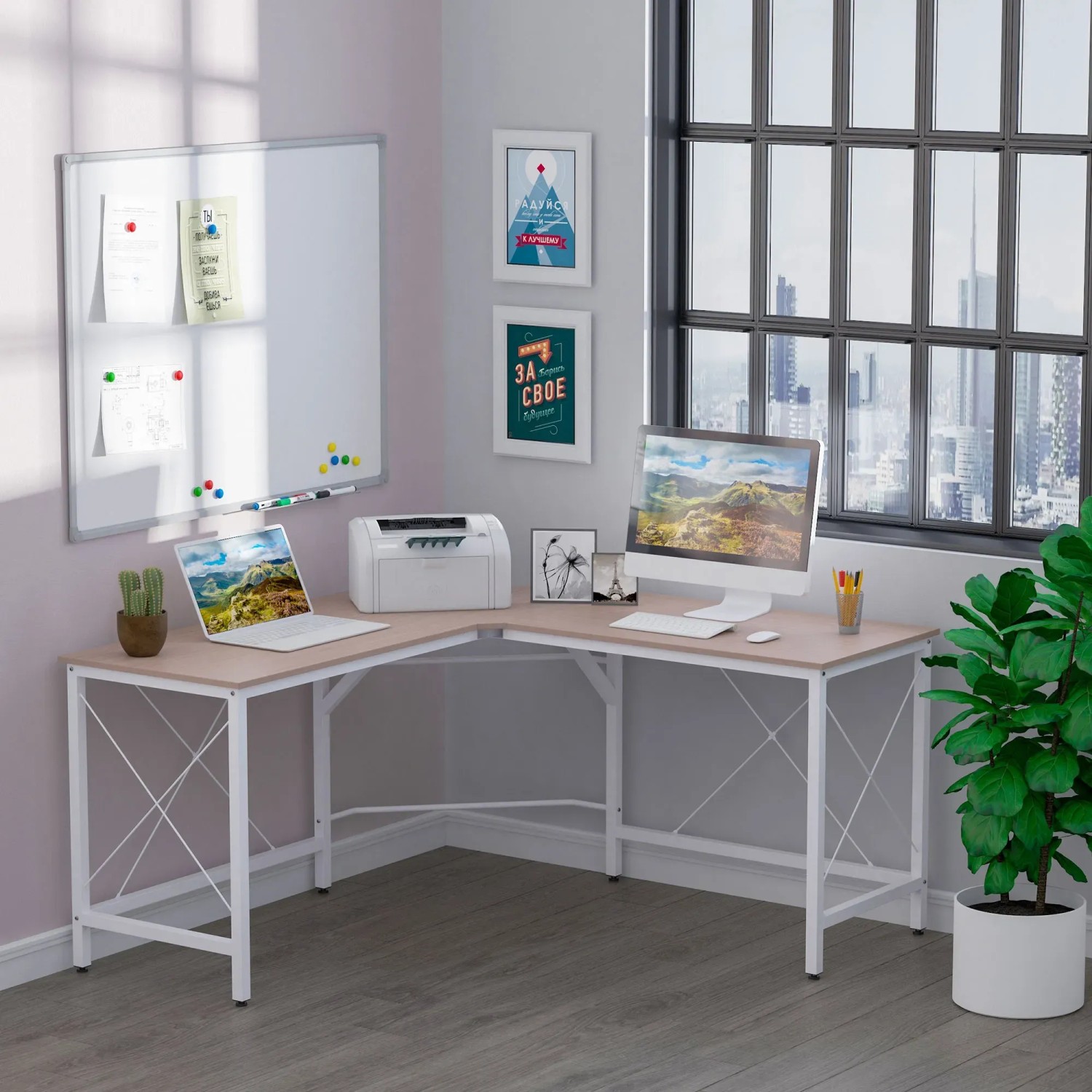 HOMCOM L-förmiger Computertisch Eckschreibtisch mit heller Holzplatte und weißem Gestell.