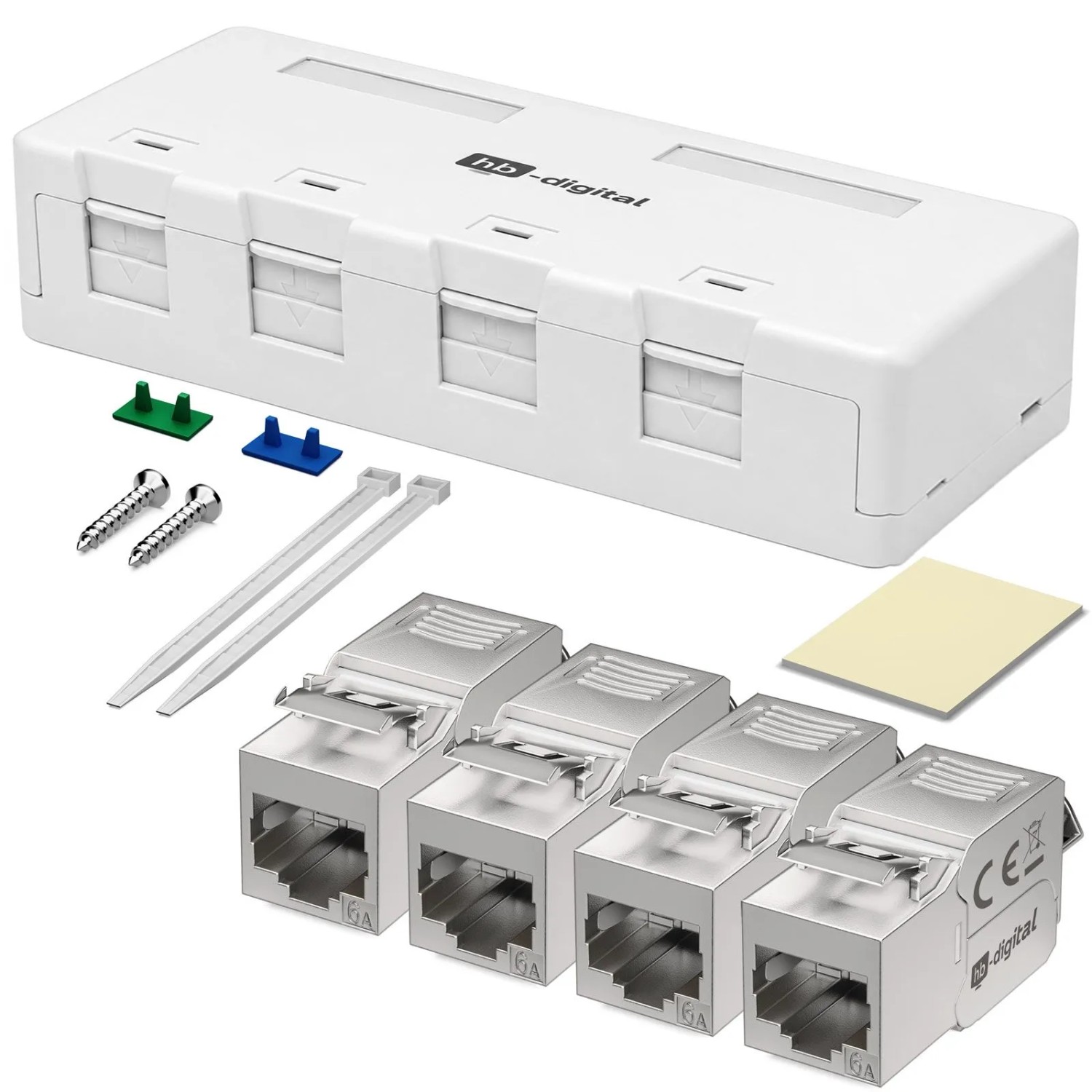 hb-digital Netzwerkdose Aufputz Set Anschlussbox 4-Port mit Keystone Module CAT 6a