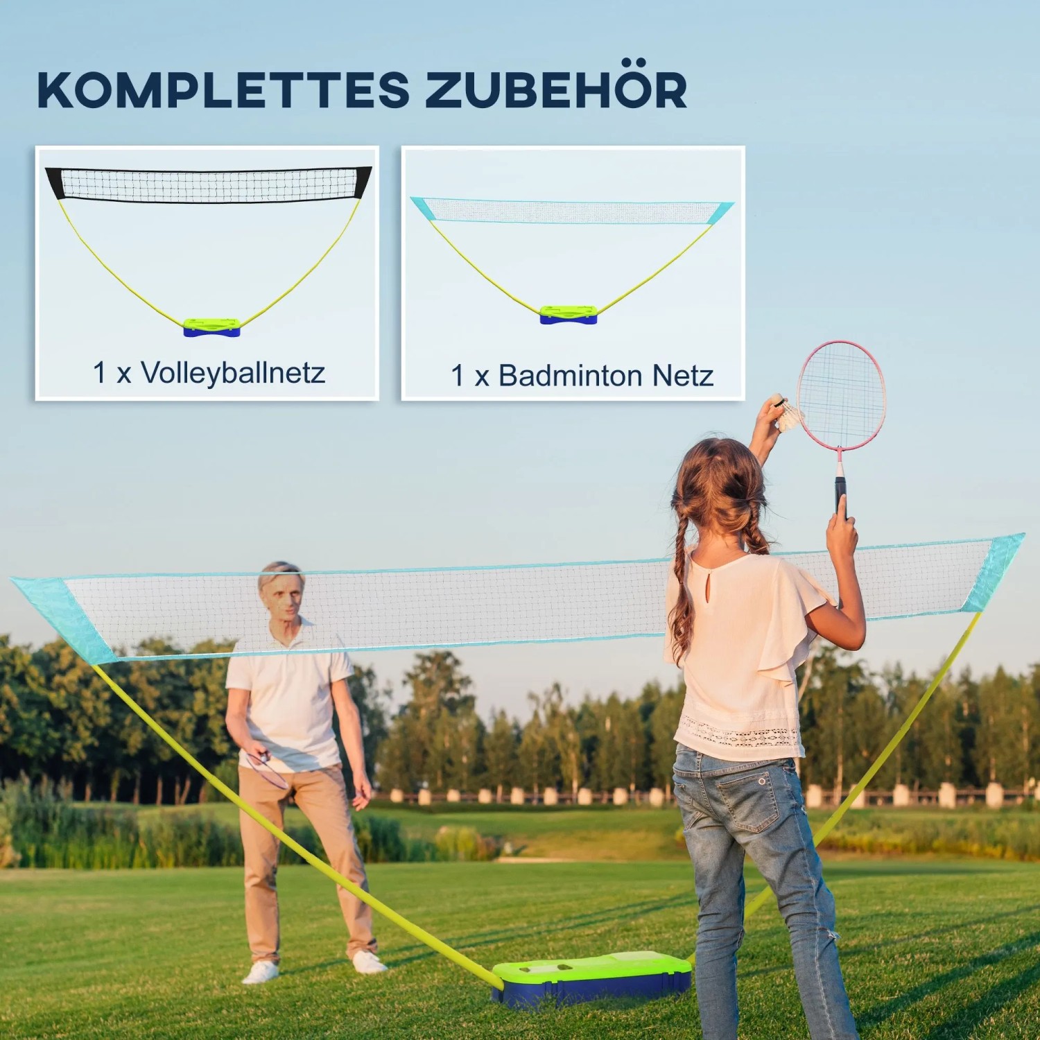 SPORTNOW Badminton-Set aus blauem Kunststoff mit höhenverstellbarem Netz. Familie spielt im Park. Inkl. Volleyballnetz für Spiel & Spaß.