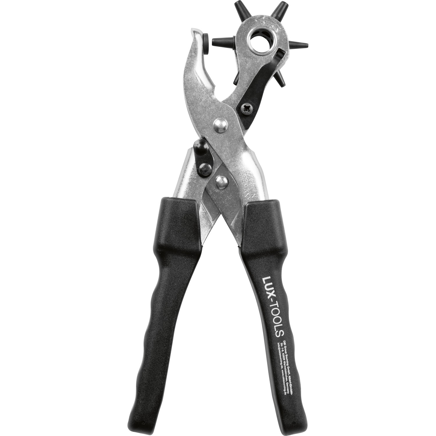 LUX-TOOLS PRO Revolverlochzange 250 mm, silberfarben mit schwarzen ergonomischen Griffen und verschiedenen Lochgrößen.