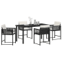 vidaXL Garten Essgruppe, 5-teilig, schwarz, Poly Rattan. Gartentisch mit 4 Stühlen und weißen Auflagen.