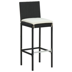 Schwarzer Rattan Barhocker mit cremefarbenem Kissen, Teil des vidaXL Gartenbar Sets.