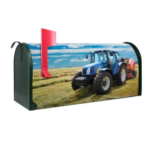 Grüner Banjado US Briefkasten mit Traktor Motiv, Stahl pulverbeschichtet, 48x22x16cm.