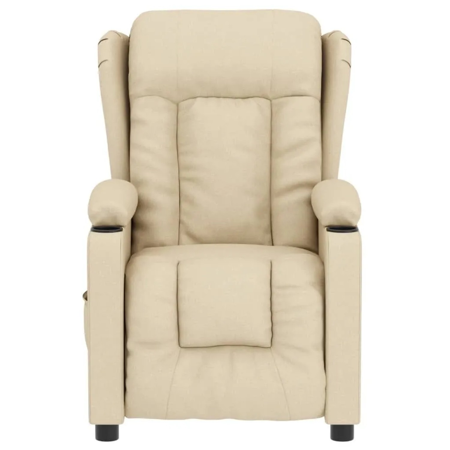 Elektrischer Relaxsessel in Creme aus Stoff, Frontansicht. Bequemer TV-Sessel mit Getränkehaltern.