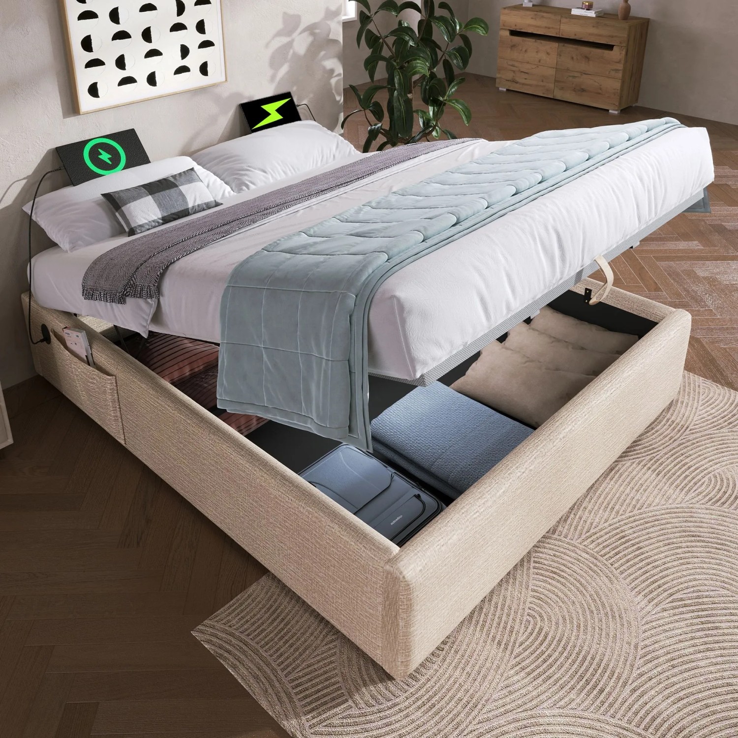 Merax Polsterbett 140x200cm USB-C Stauraum Leinen Natur