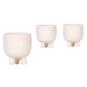 Weiße Keramik-Übertöpfe Gummy Travertine mit Füßen, Ø 6 cm, für Zimmerpflanzen.