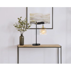 Globo Tischlampe Comma, schwarz-goldene Designleuchte mit Kristallbehang, 55cm hoch.