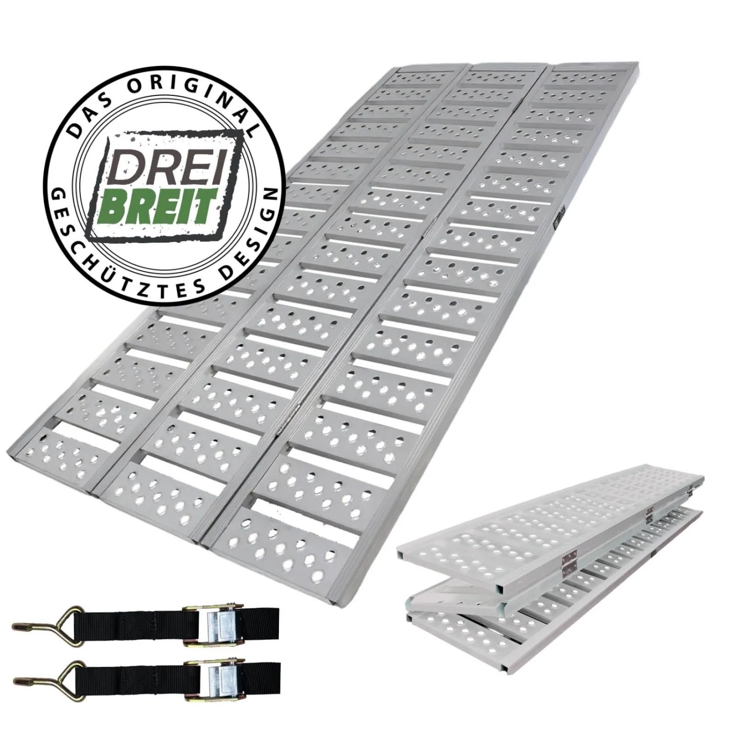 TRUTZHOLM Auffahrrampe DREIBREIT 2-fach klappbar 215 cm Tragkraft 1020 kg Alu gelocht gerillt (1-St., Inkl. 2x Spanngurt), klappbar