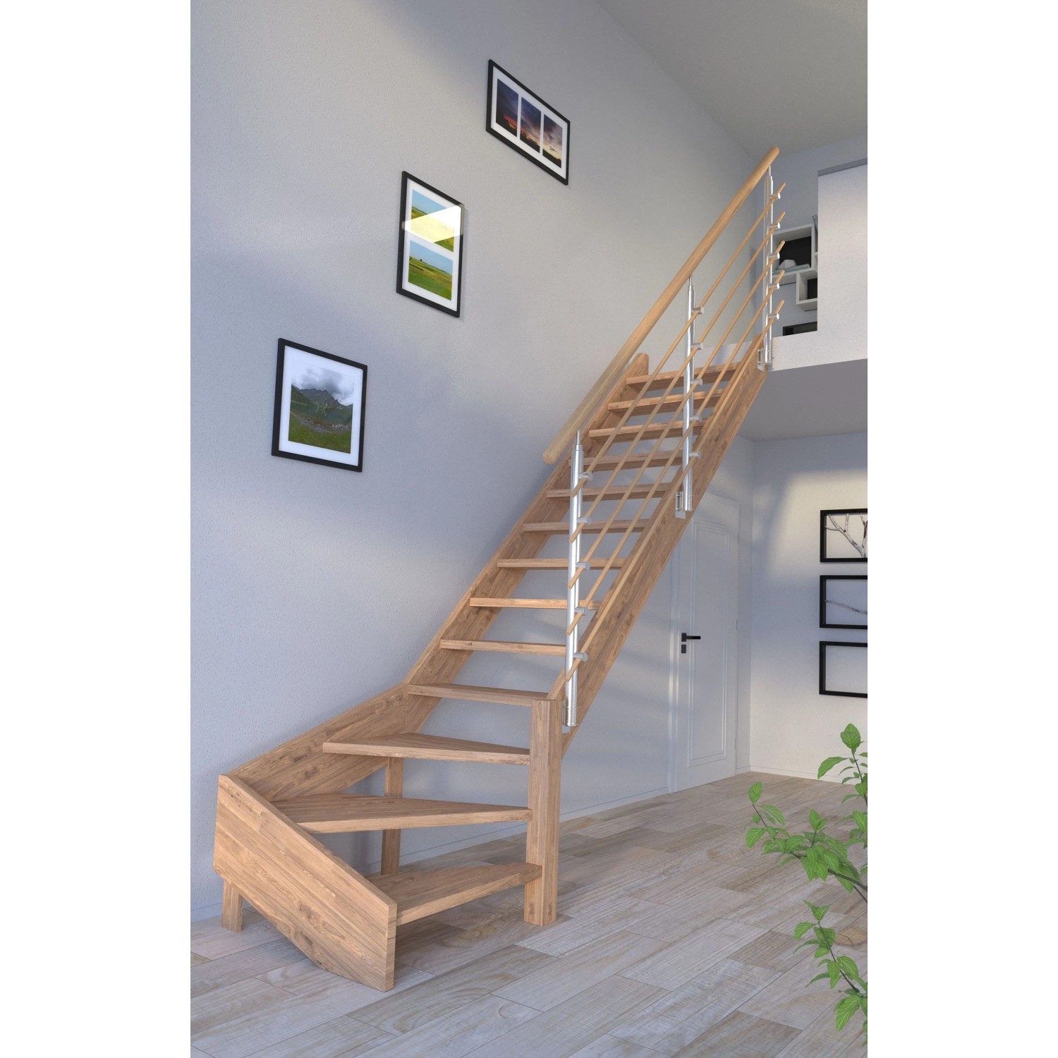 Mykonos Pro Eiche Treppe, 1/4 gewendelt rechts, mit Design-Geländer. Holztreppe für den Innenbereich.