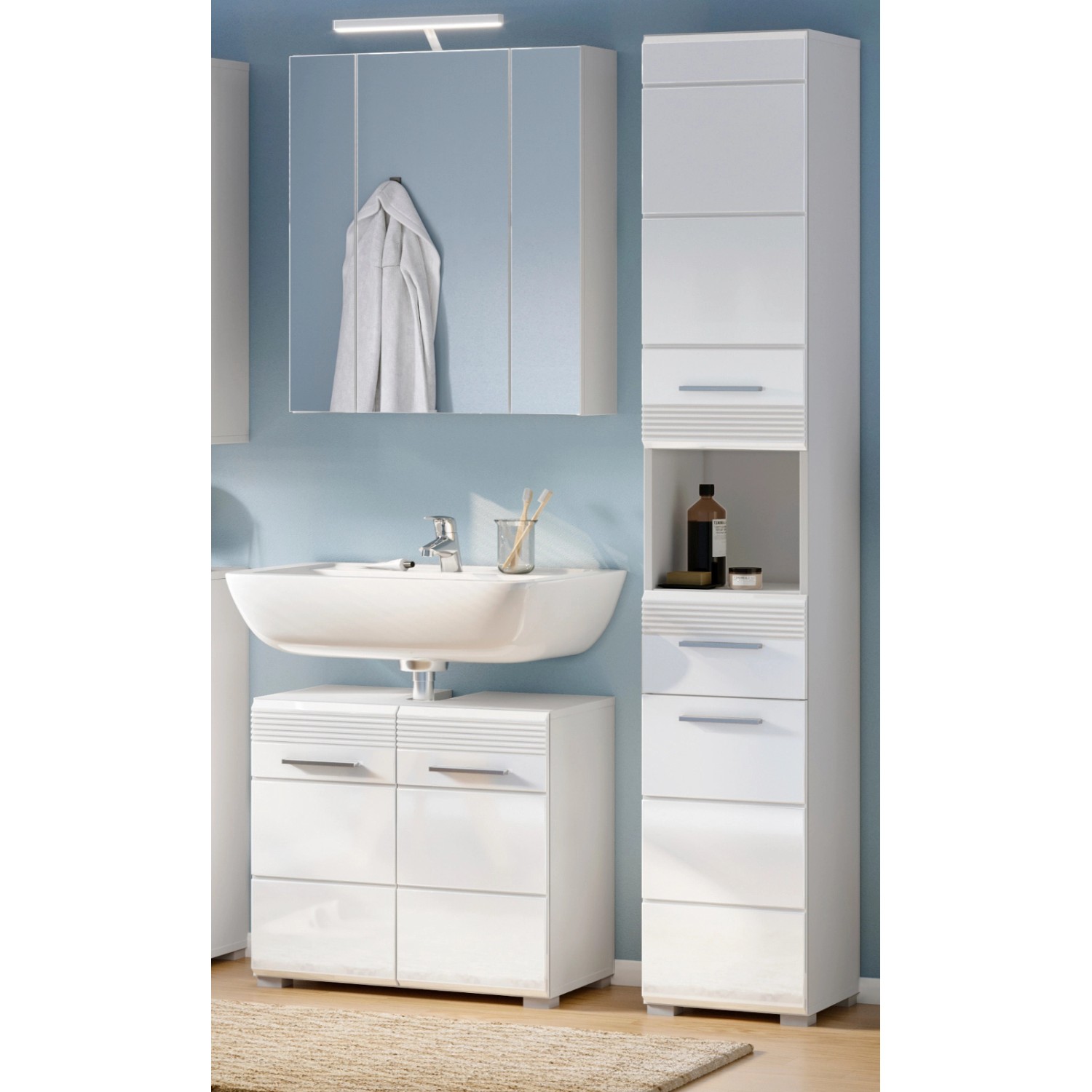 Inn.Furn Badmöbel-Set Weiß Hochglanz 3-teilig 105 cm 17 Fächer Leon günstig online kaufen