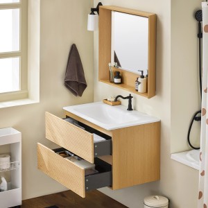 SoBuy Waschbeckenunterschrank Set mit Spiegel und offen Schubladen in Natur.