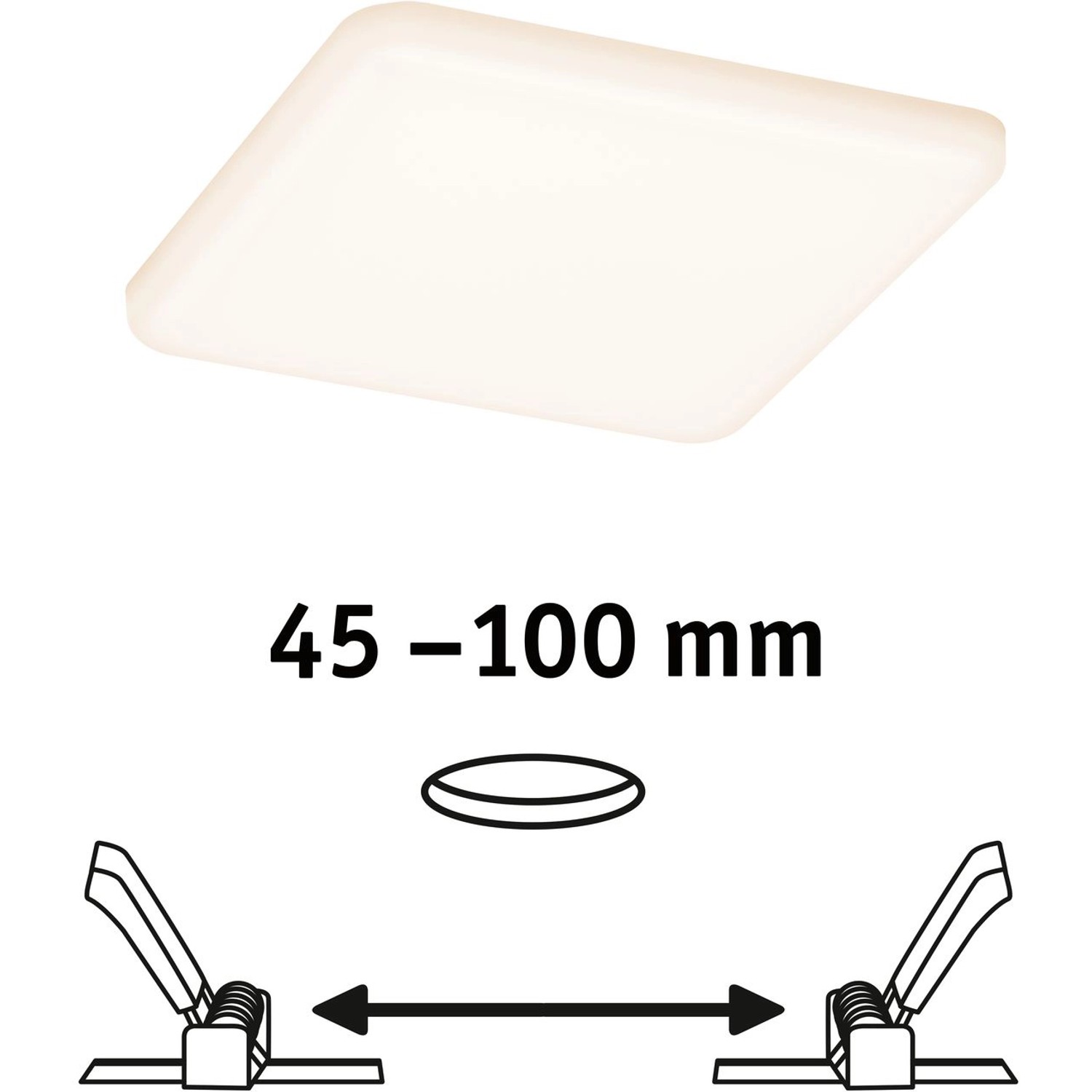 Paulmann LED-Einbaupanel Veluna, eckig, mit Montagehinweis für variable Einbau-Größen.