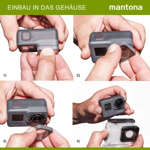 Montage des Mantona Unterwassergehäuses Soft Touch Magic 5 6 7 für GoPro in vier Schritten.