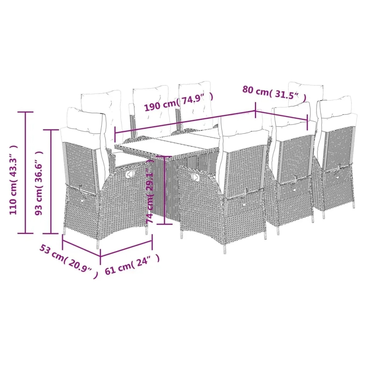 Beige 9-tlg. Garten Essgruppe aus Polyrattan mit Tisch und 8 Stühlen mit Kissen.
