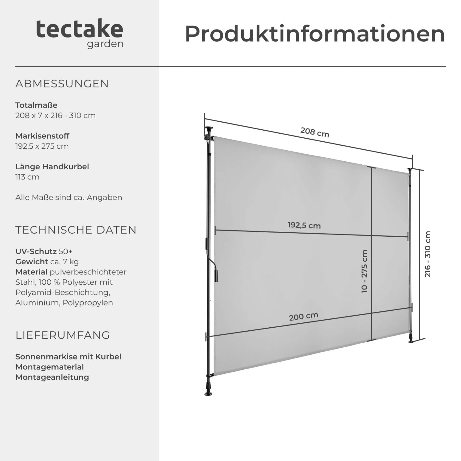 Tectake Klemmmarkise Taija Verschiedene Größen Uv Beständig und Wasserabweisend 200 x 310 cm 7 x 208 x 310 cm Hellgrau_6
