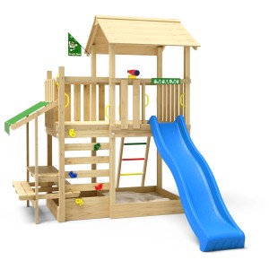 Jungle Gym Spielturm Plaza mit blauer Rutsche, Picknickmodul und Sandkasten.