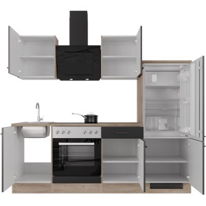 Flex-Well Küchenzeile Capri, 220 cm, schwarz matt und Endgrain Oak Dekor mit E-Geräten.
