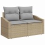 Beiges 2-Sitzer Garten-Sofa aus Poly Rattan mit grauen Kissen, Teil eines vidaXL Gartenmöbel Sets.