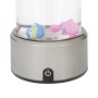 Eglo LED-Lavaleuchte Aqua: Silberne LED-Tischleuchte mit Power-Knopf, transparentem Zylinder, blauen und pinken Fischen.