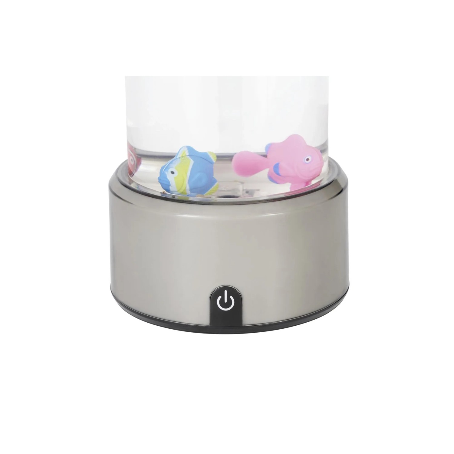 Eglo LED-Lavaleuchte Aqua: Silberne LED-Tischleuchte mit Power-Knopf, transparentem Zylinder, blauen und pinken Fischen.