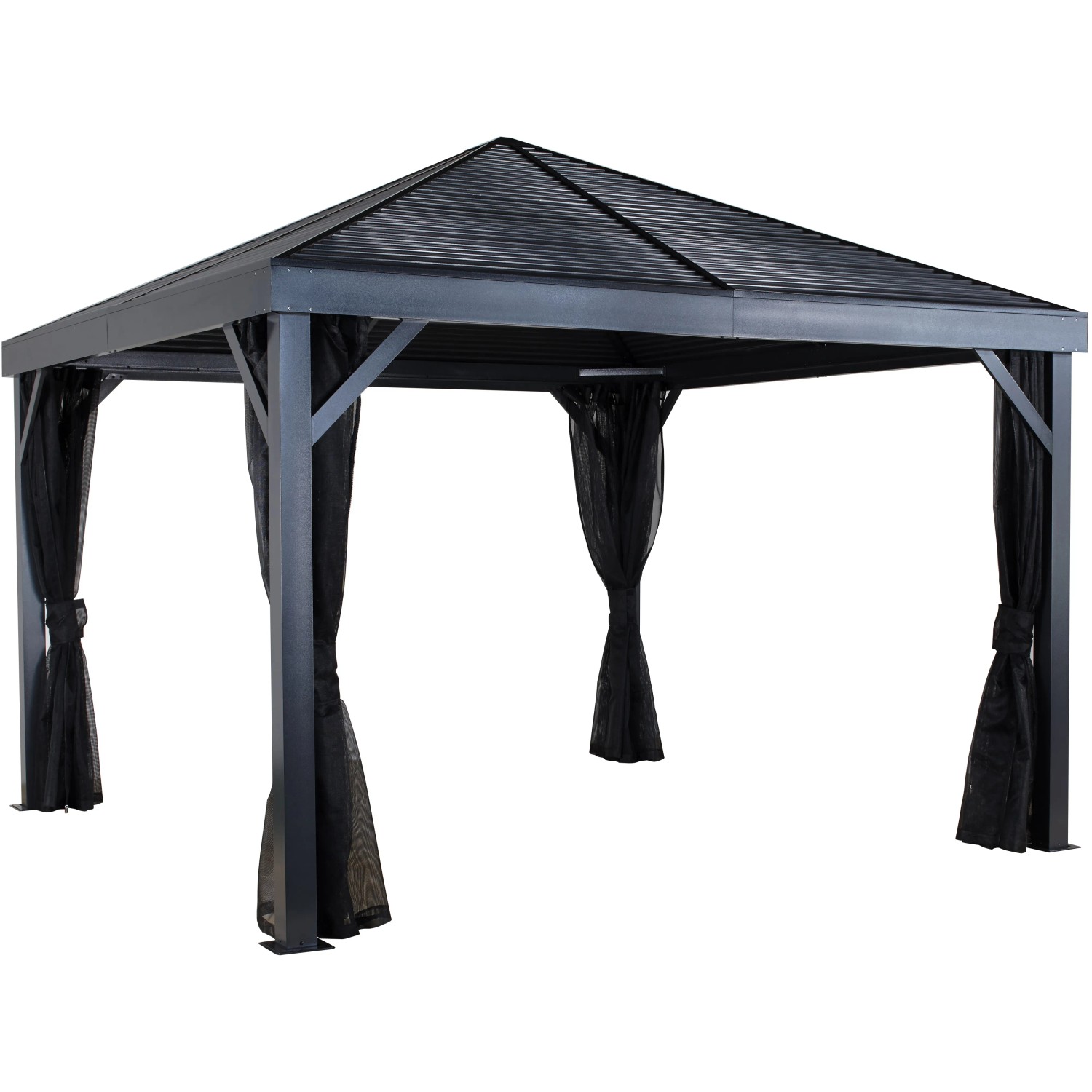 Anthrazitfarbener Sojag Pavillon South Beach 12x12 mit Spitzdach und Moskitonetzen.
