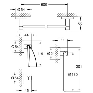 Technische Zeichnung Grohe Bad-Set 4 in 1 Essentials: Handtuchring, Haken, WC-Papierhalter, Badetuchhalter mit Maßen.