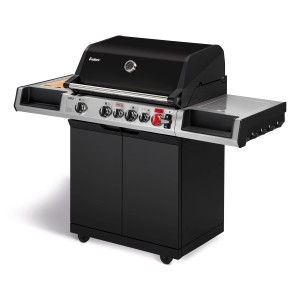 Enders Gasgrill Uniq 4 IK Cruster: Schwarzer Grill mit Seitenkocher und Unterschrank.