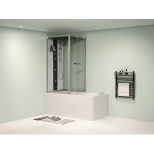 Moderne Duschbadewanne Daria in Grau-Weiß mit Glasdusche, Duschsystem und Massagedüsen im Bad.