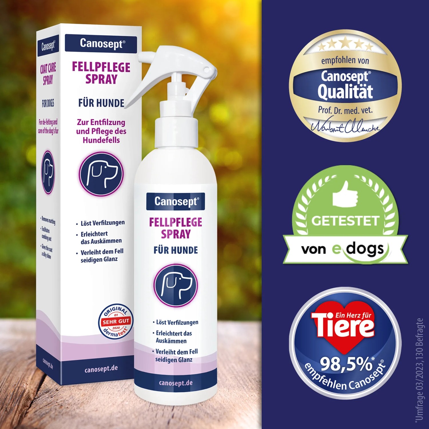 Canosept Fellpflegespray 250ml für Hunde: Entfilzt, pflegt und verleiht Glanz. Ideal für die Hundefellpflege.