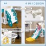 AIYAPLAY Kinderrutsche 4 in 1: Kind auf gelb-weißer Rutsche, Kletterturm, Basketballkorb, Teleskop. Für 1-3 Jahre.