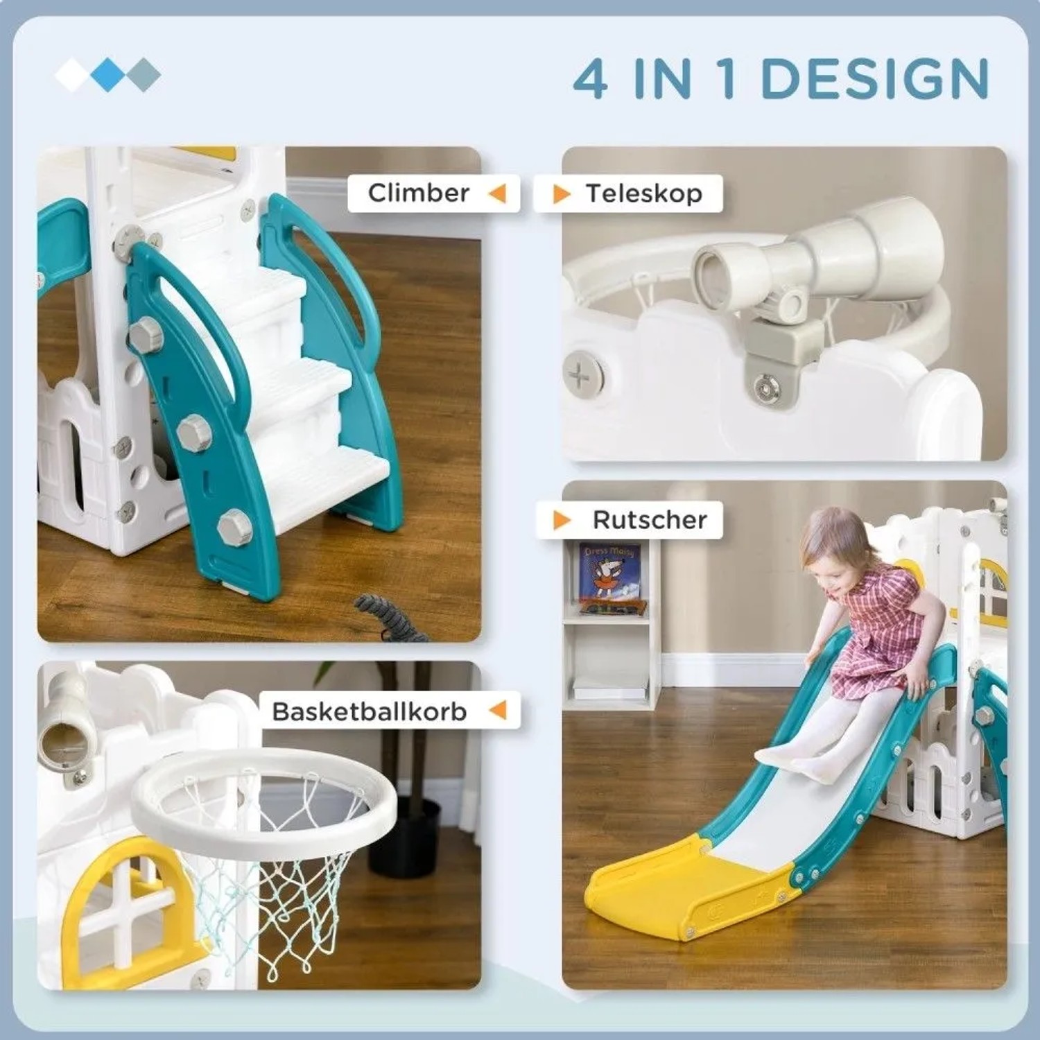 AIYAPLAY Kinderrutsche 4 in 1: Kind auf gelb-weißer Rutsche, Kletterturm, Basketballkorb, Teleskop. Für 1-3 Jahre.