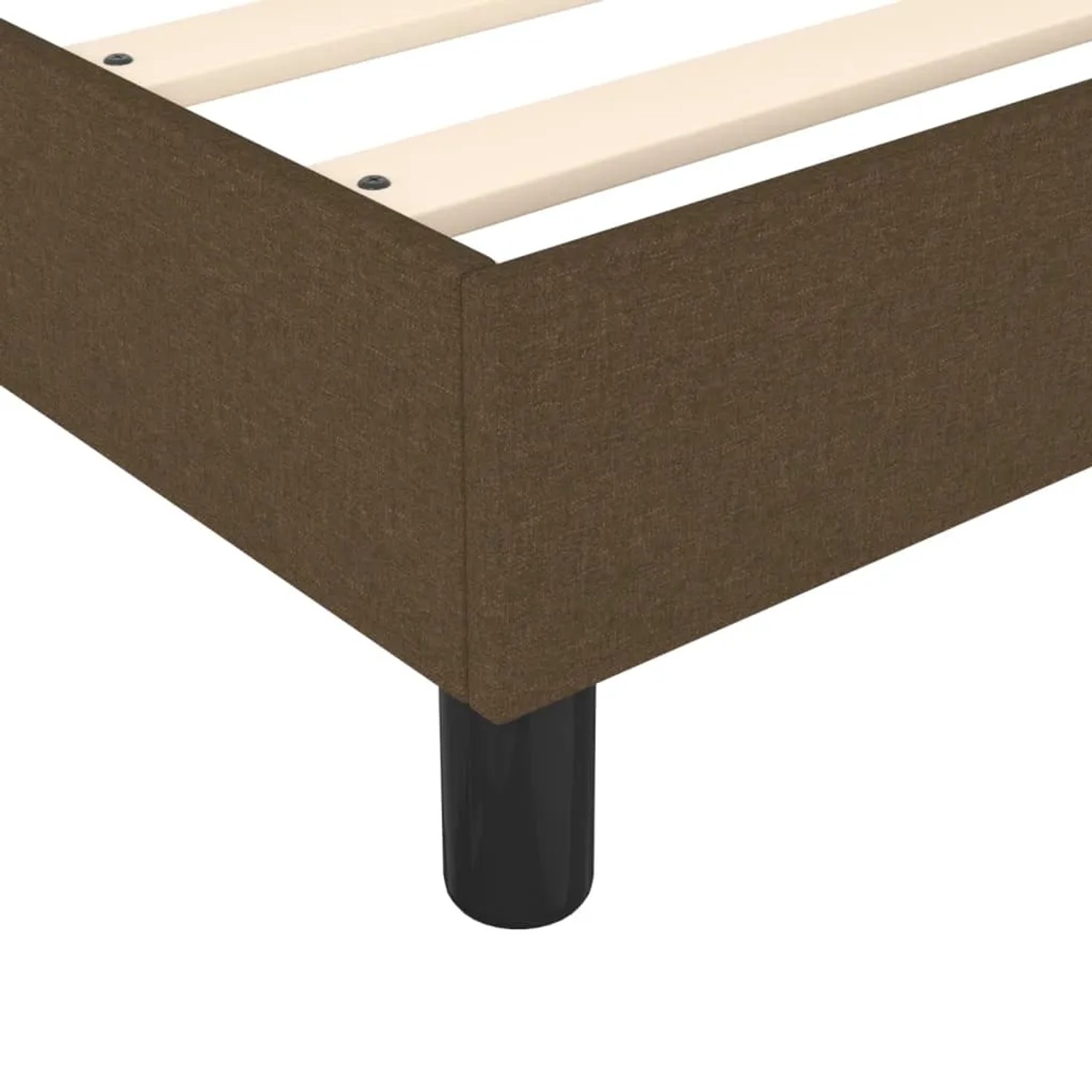 Detailaufnahme Boxspringbett vidaXL, dunkelbrauner Stoffbezug, schwarze Füße, Lattenrost sichtbar.