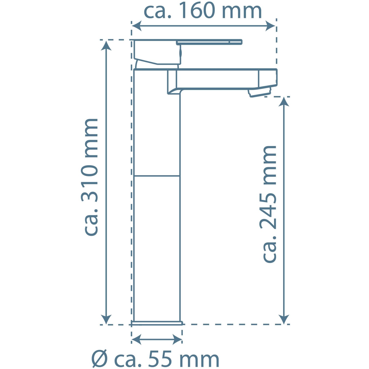 Technische Zeichnung: Schütte Waschtischarmatur Elephant, Chrom, Maße für Aufsatzwaschbecken.