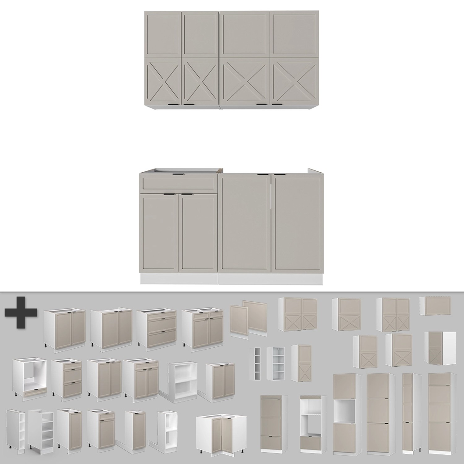 Vicco Fame-Line Singleküche, 140 cm, GrauBeige/Weiß, ohne Arbeitsplatte, erweiterbar mit Modulen.