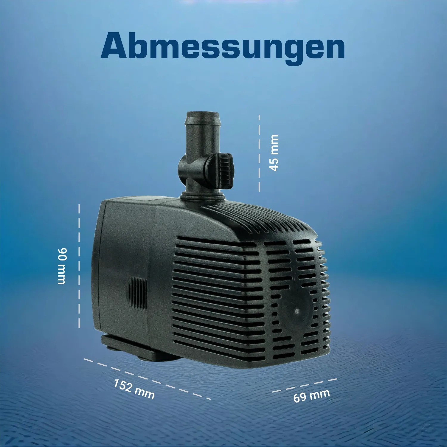 Abmessungen der schwarzen Kerry Electronics Teichpumpe. Details zu Länge, Höhe und Breite.