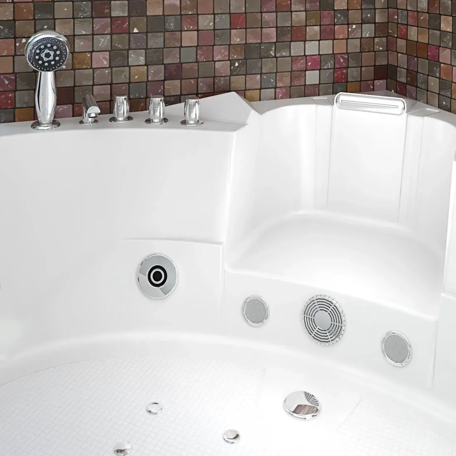 Detailansicht: Weiße AquaVapore Whirlpool Badewanne 152x152cm mit Armaturen und Düsen.