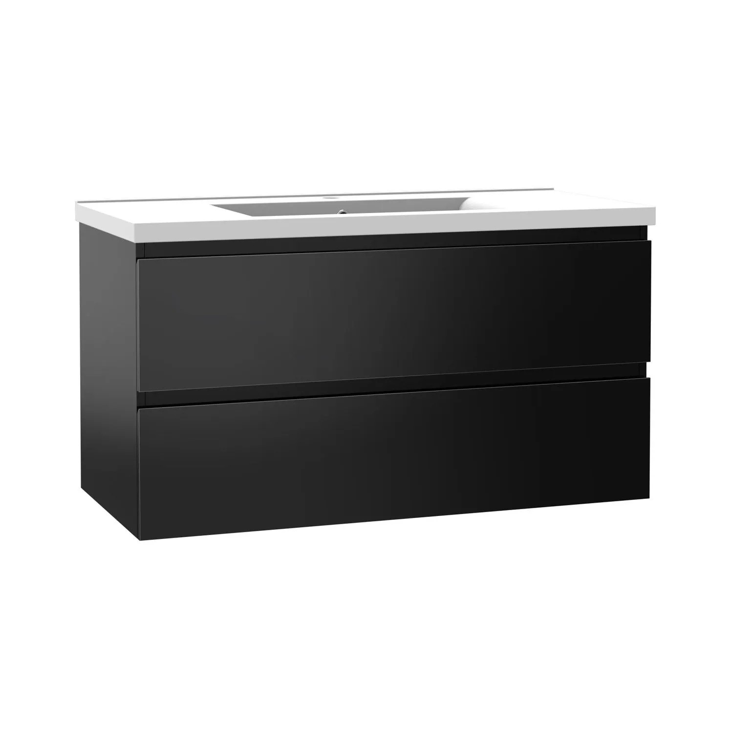 AICA Badmöbel Aalst 100 cm Keramik Waschtisch mit Unterschrank Hochglänzend Schwarz Grifflos Softclose Schubladen 2 tlg.