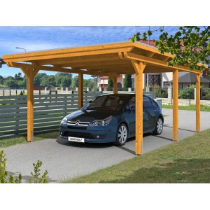 Skan Holz Carport Emsland, Eiche hell, mit Auto. Einzelcarport aus Holz mit Flachdach und sechs Pfosten.