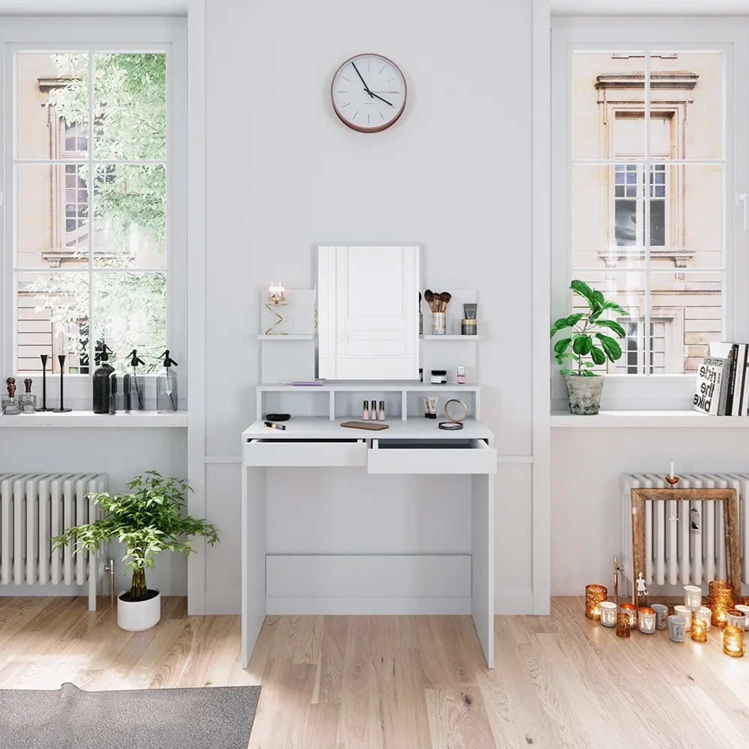Weißer Vicco Schminktisch Ania (80 cm) mit Spiegel und Schubladen im modernen Design.