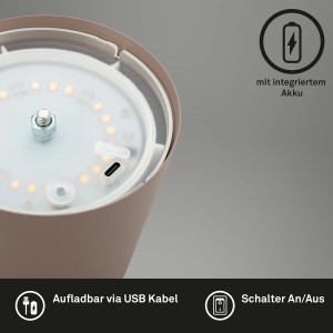 Detailaufnahme der Brilo Akku Tischleuchte Kiki in Umbrasand, zeigt USB-Anschluss und LED-Licht.