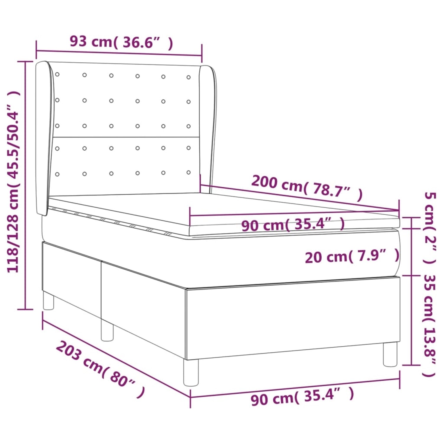 vidaXL Boxspringbett hellgrau, 90x200 cm, Samt. Bett mit Matratze, Topper und Kopfteil. Schemazeichnung mit Maßen.
