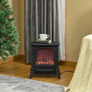 Schwarzer HOMCOM Elektrokamin mit LED-Flammeneffekt und Glastür im Wohnzimmer.