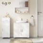Weißer Waschbeckenunterschrank Landhausstil aus MDF mit zwei Türen und Metallgriffen im Badezimmer.