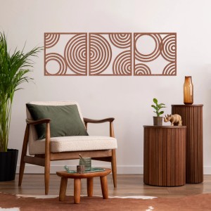 WANDStyle Wanddeko Holz Kreise, 3-teilig, Mahagoni Furnier, 96x30 cm. Moderne Wanddekoration für Wohnräume.